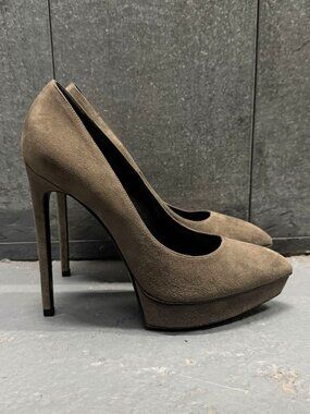 SAINT LAURENT JANIS Dark Grey Suede Leather Platform Pumps Stiletto Heel Shoes
